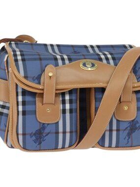 Authentic Burberrys Nova Check Shoulder Bag PVC Leather Blue Gold